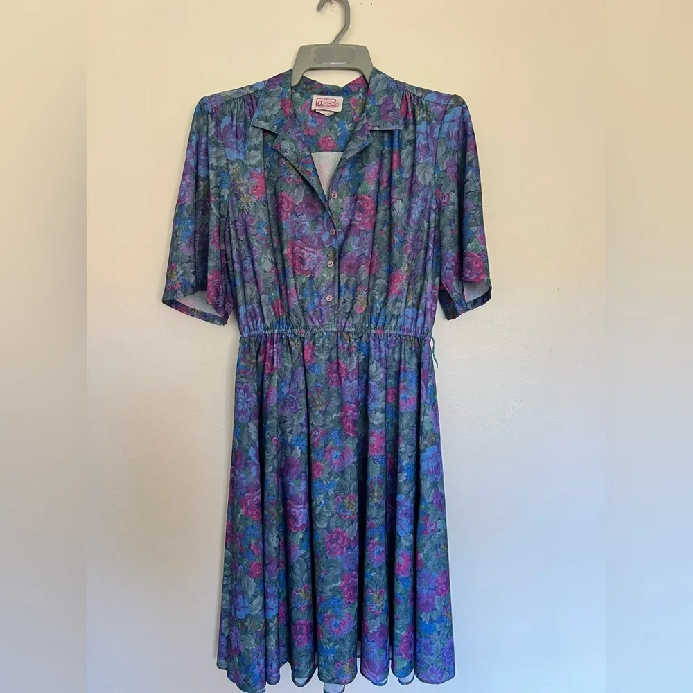 VINTAGE Purple and Blue Floral Midi Dress - Picture 1 of 4